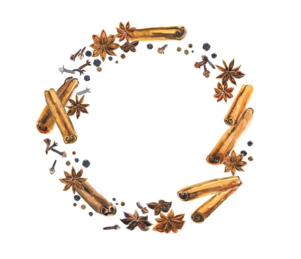 Circle frame from spices. Decoration with cinnamon, carnation & anise. — Stock Photo, Image