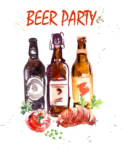 Beer bottles watercolor poster.