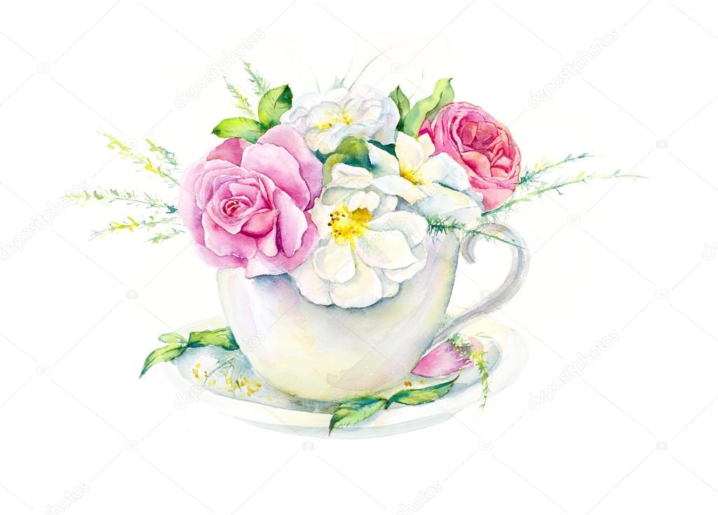 Cup with tea and a rose branch. Invitation to tea drinking.