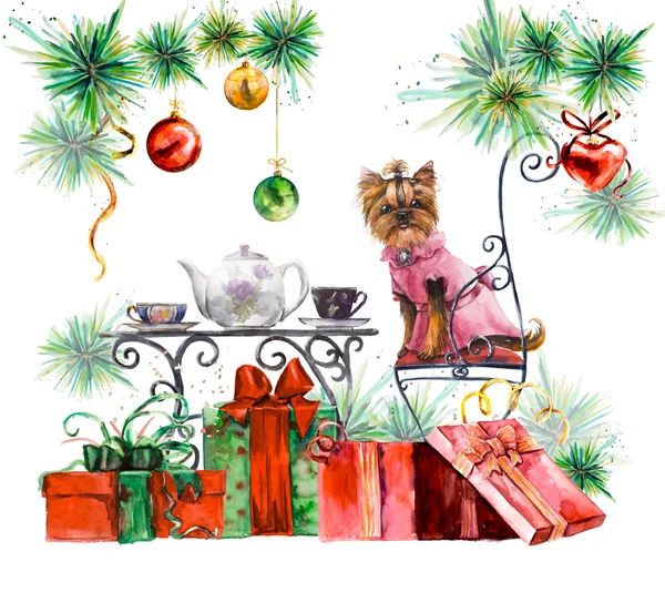 Yorkshire terrier. Christmas Tea Time. Inbjudan till tedrickande. — Stockfoto