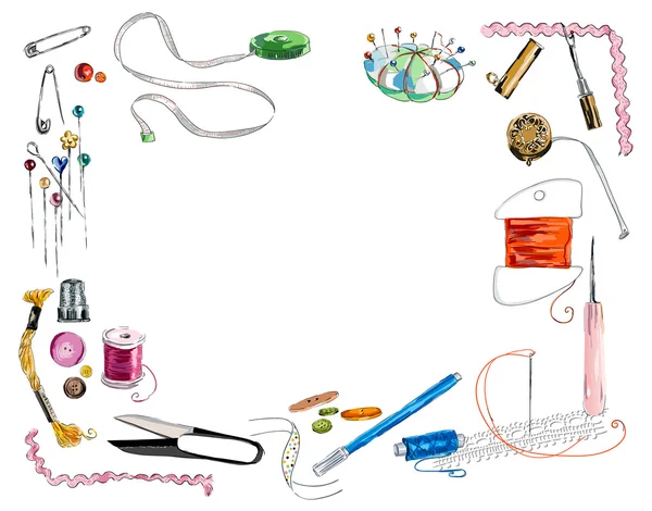 Dikiş araçları ve renkli teyp çerçevesi.