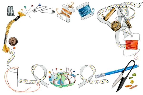 Dikiş araçları ve renkli teyp çerçevesi.