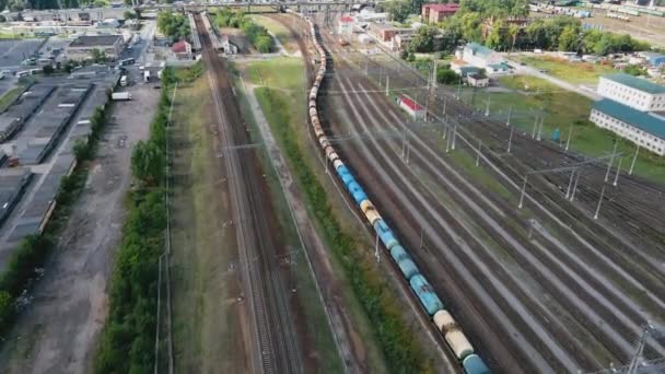 Lokomotywa Różnymi Kolorowymi Wagonami Jadąca Terminalu Towarowego Jest Wiele Torów — Wideo stockowe