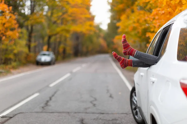 穿着灰色牛仔裤和红色条纹针织袜子的难以辨认的女人挂在白色车窗外面 五彩斑斓的枫叶和道路的背景 秋天的季节汽车度假的概念 复制空间 — 图库照片