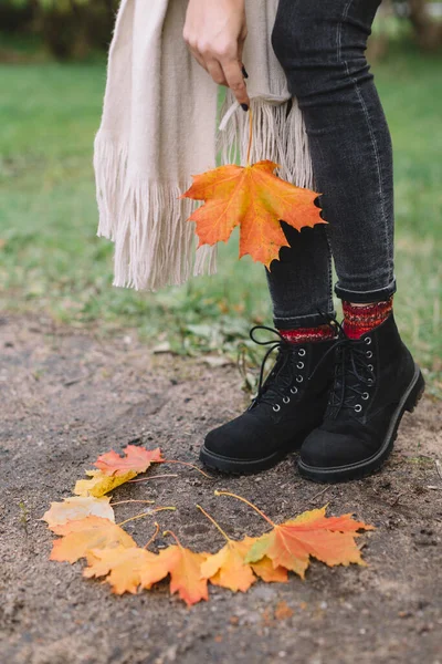 Gri kotlu, kırmızı örgü çoraplı, bej eşarplı ve elinde turuncu akçaağaç yaprağı tutan şık siyah çizmeli güzel beyaz bir kız. Kızların önünde altın yapraklar döküldü. Sonbahar mevsimi konsepti.