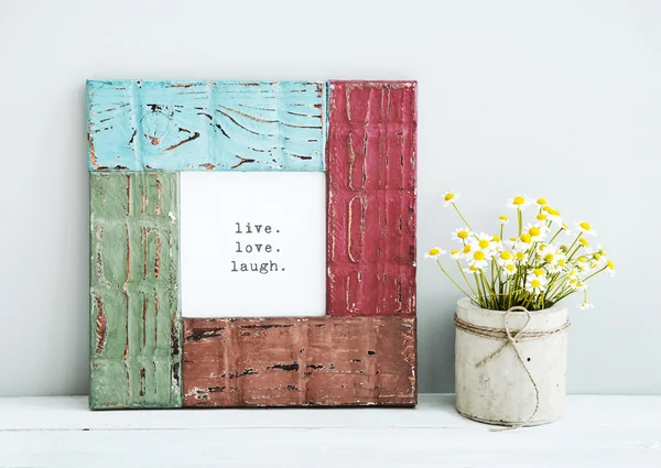 Colored red, gree, blue frame with chamomile LIVE, LOVE, LAUGH — Stock Photo, Image