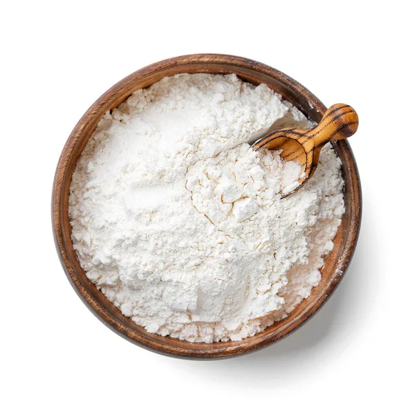 Wooden Bowl Flour Flour Spoon Rice Wheat Flour Isolated White — Stock Photo, Image