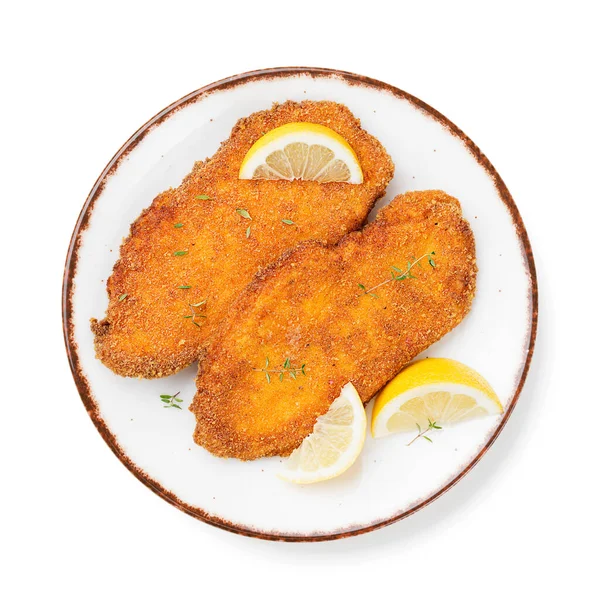 Zelfgemaakte Gepaneerde Kip Schnitzel Geïsoleerd Witte Achtergrond — Stockfoto