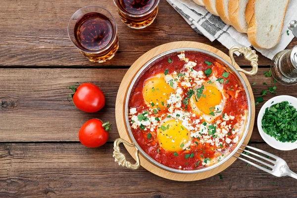 Shakshuka Menemen Jajka Smażone Sosie Pomidorowym Śniadanie Tureckie — Zdjęcie stockowe