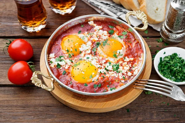 Shakshuka Gebakken Eieren Tomatensaus Voor Een Turks Ontbijt — Stockfoto