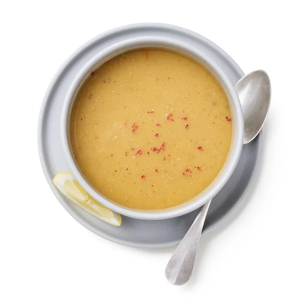 Soupe Lentilles Rouges Servie Avec Citron Pain Grillé Isolé Sur — Photo