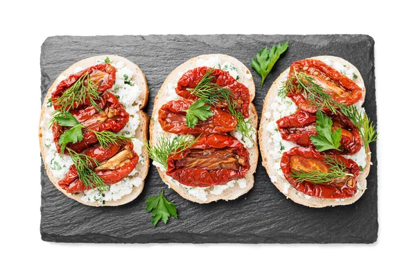 Bread Slices Ricotta Cheese Sun Dried Tomatoes Olive Oil Isolated — Stock Photo, Image