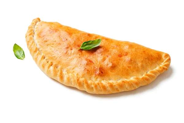 Hemlagad Nybakad Stängd Calzone Pizza Italiensk Mat Isolerad Vit Bakgrund — Stockfoto