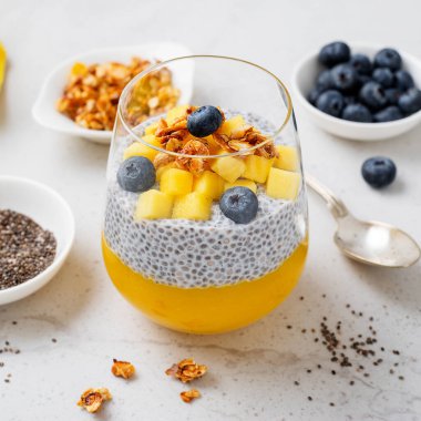 Vegan chia pudding with mango puree, blueberries and granola in a glass .	