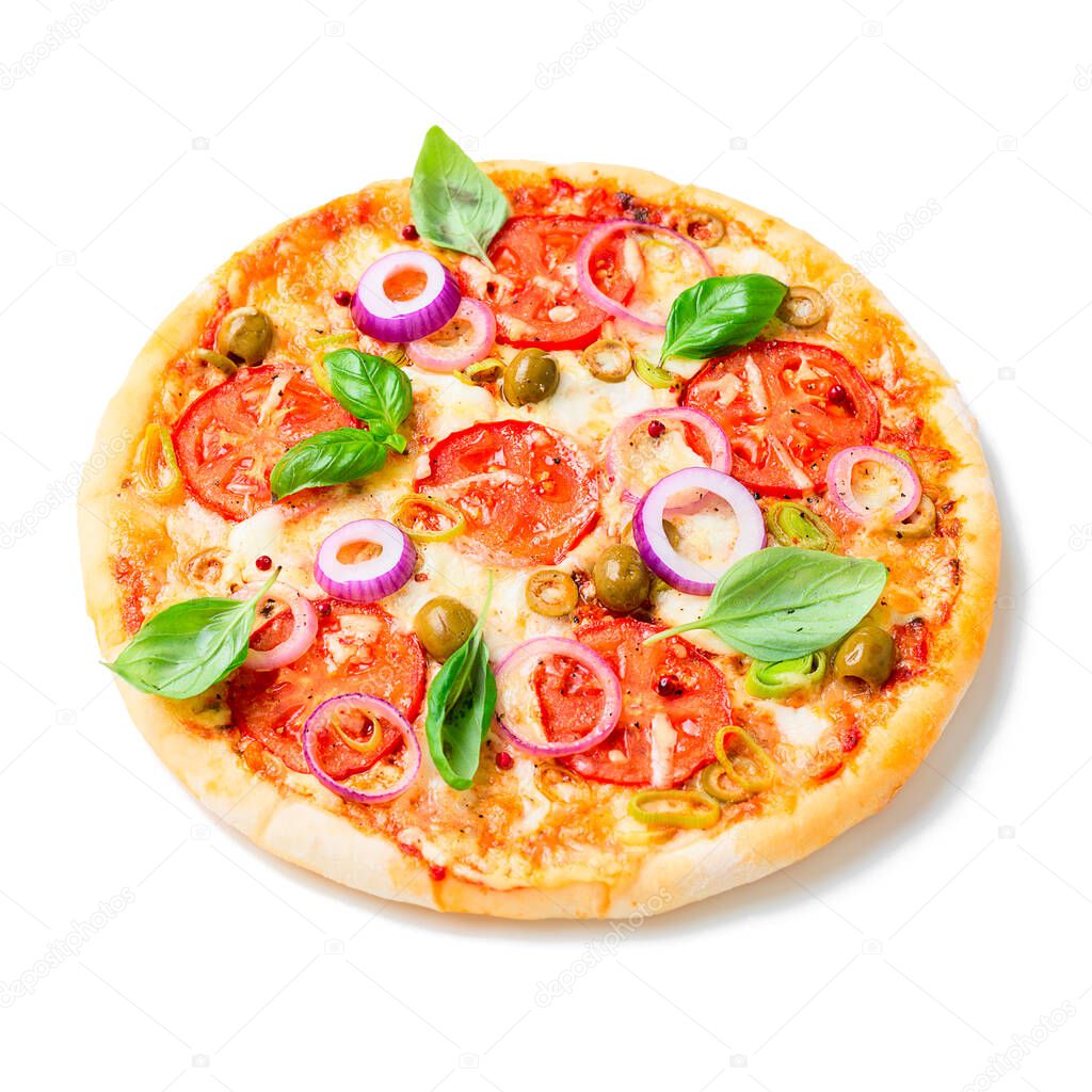 Italian pizza with melted mozzarella cheese green olives and tomato garnished with fresh vegetables and basil leaves.isolated on white background