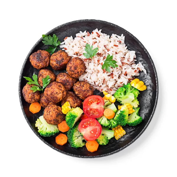 Domácí Masové Kuličky Smaženou Rýží Brokolicovým Salátem Porce Obědu Nebo — Stock fotografie