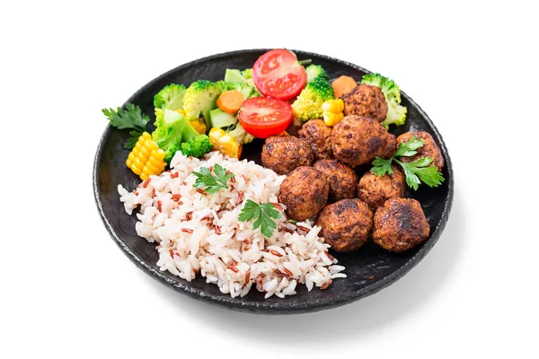 Albóndigas Caseras Con Arroz Frito Ensalada Brócoli Porción Para Almuerzo —  Fotos de Stock