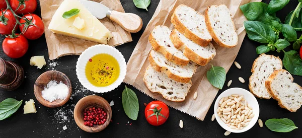 Italian Food Background Ingredients Pesto Ciabatta Bread Cherry Tomatoes Italian — Stock Photo, Image