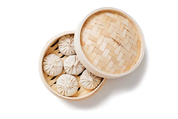 Dumplings Crudos Dim Sum Vapor Bambú Aislado Sobre Fondo Blanco — Foto de Stock