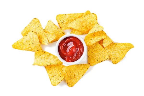 Chips Milho Nachos Molho Salsa Isolado Fundo Branco — Fotografia de Stock