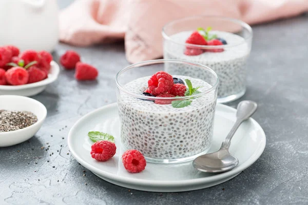 Healthy Vanilla Chia Pudding Glass Fresh Raspberries — Stock Photo, Image