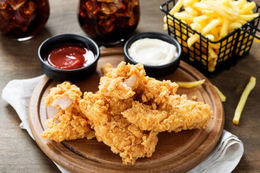 Kızarmış tavuk göğsü ve popüler soslu patates kızartması..