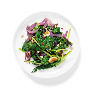 Kızarmış soğanlı ve fındıklı ıspanaklı garnitür..