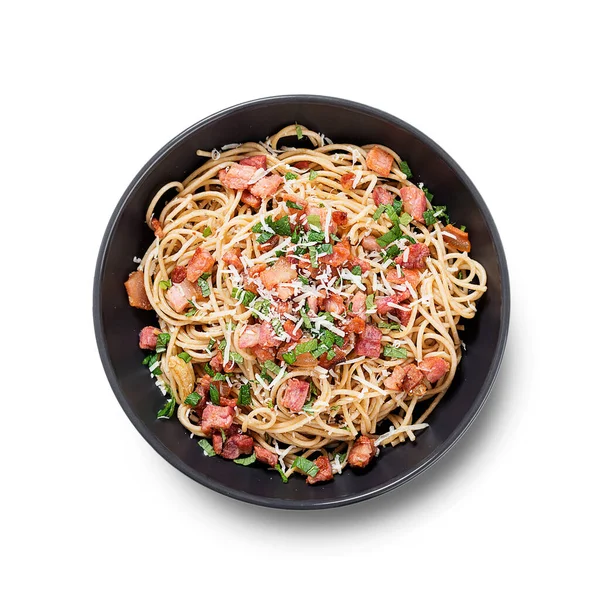 Carbonara Nudeln Spaghetti Mit Speck Hartem Parmesan Und Sahnesoße Isoliert — Stockfoto