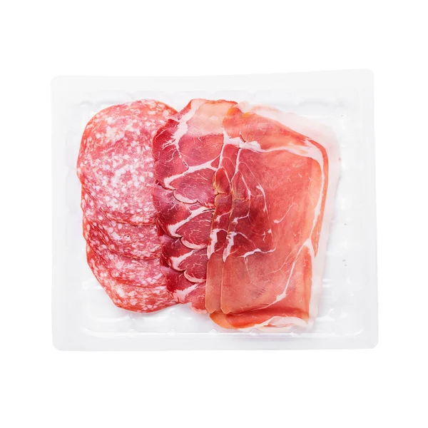 Charcuterie Italienne Avec Jambon Prosciutto Salami Isolé Sur Fond Blanc — Photo