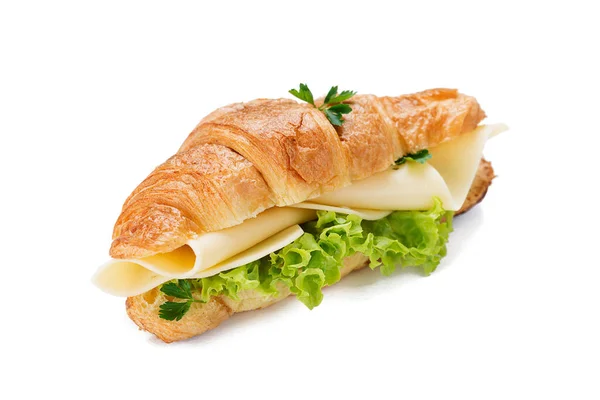 Smaklig Färsk Croissant Smörgås Med Ost Och Sallad Isolerad Vit — Stockfoto