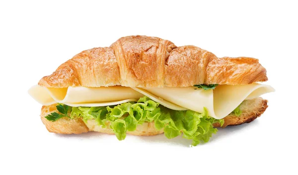Savoureux Sandwich Croissant Frais Avec Fromage Laitue Isolé Sur Fond — Photo