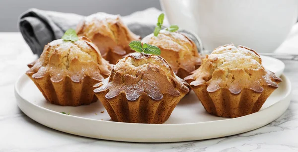 Fresh Homemade Delicious Vanilla Muffins Powdered Sugar — Stock Photo, Image