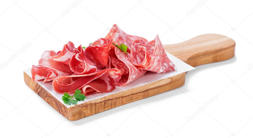 Cold meat Italian snacks food with ham, prosciutto, salami isolated on white background.