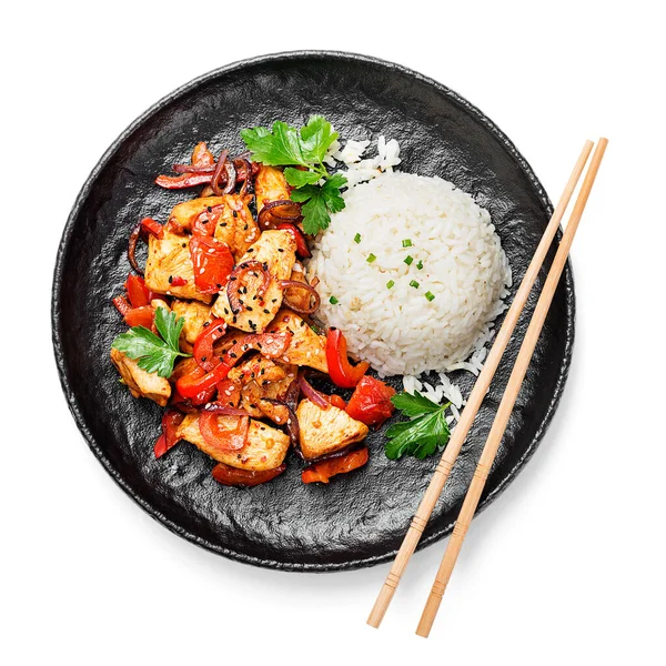 亚洲菜 鸡肉和蔬菜 背景为白色 — 图库照片