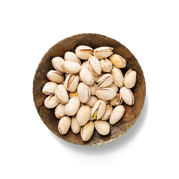 Chutné Organické Pistáciové Ořechy Kovové Míse Bílém Pozadí Pohled Shora — Stock fotografie