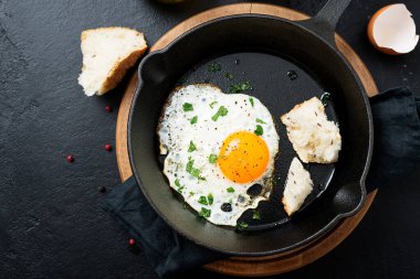 Fried egg for delicious healthy easy breakfast on a table. Fresh homemade meal on a frying pan.	