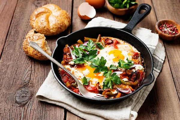 Shakshuka Smażone Jajka Sosie Pomidorowym Śniadanie — Zdjęcie stockowe