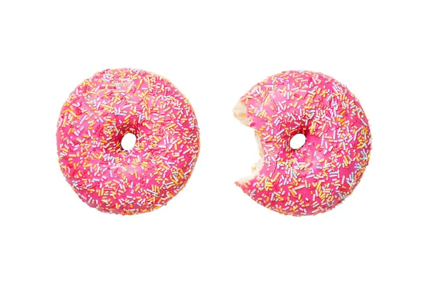 Dois Rosquinhas Rosa Fosco Com Polvilhas Coloridas Isoladas Fundo Branco — Fotografia de Stock