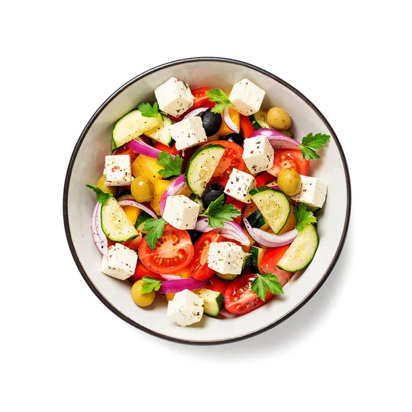 Классический Греческий Салат Свежими Овощами Сыром Фета Оливками Здоровое Питание — стоковое фото