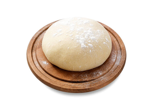 Fresh raw dough for pizza or bread baking on wooden cutting board isolated on white background
