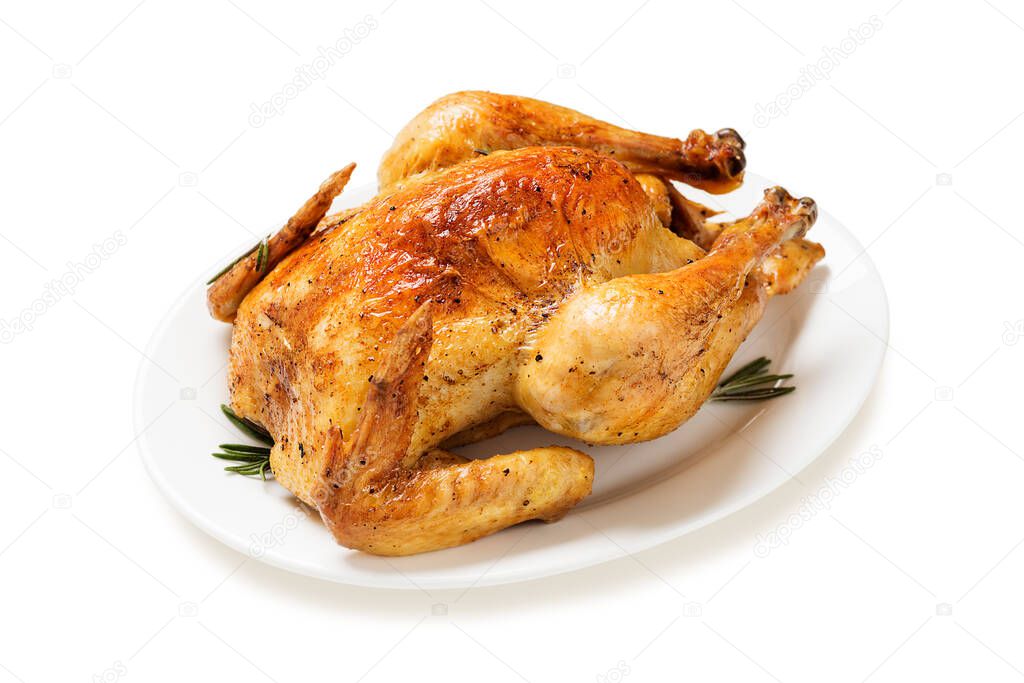 Whole roasted chicken isolated on white background