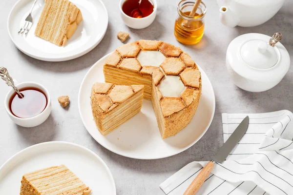 Layered honey cake Medovik. Traditional russian cuisine.