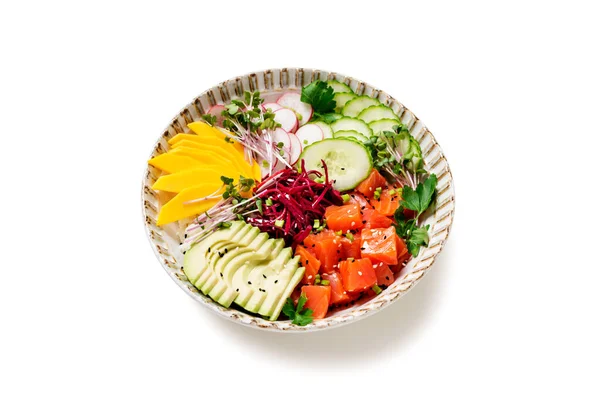 Poke Bowl Con Salmón Fresco Marinado Verduras Variegadas Cebollas Verdes —  Fotos de Stock