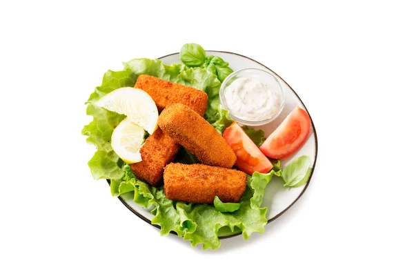 Crumbed Fiskpinnar Serveras Med Citron Salladsblad Och Tartartarsås Hälsosam Mat — Stockfoto