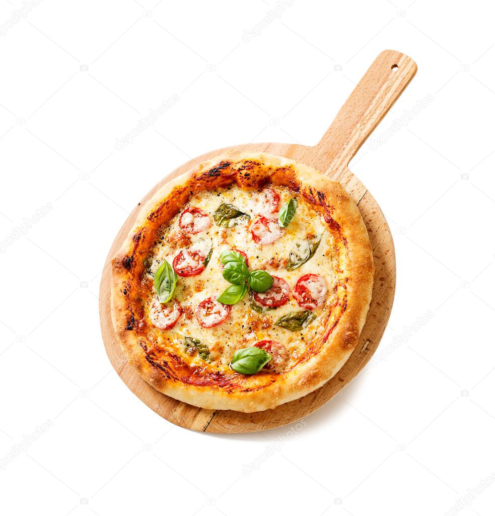 Fresh Homemade Italian Pizza Margherita with mozzarella cheese,cherry tomatoes and fresh  basil leaves. isolated on white background