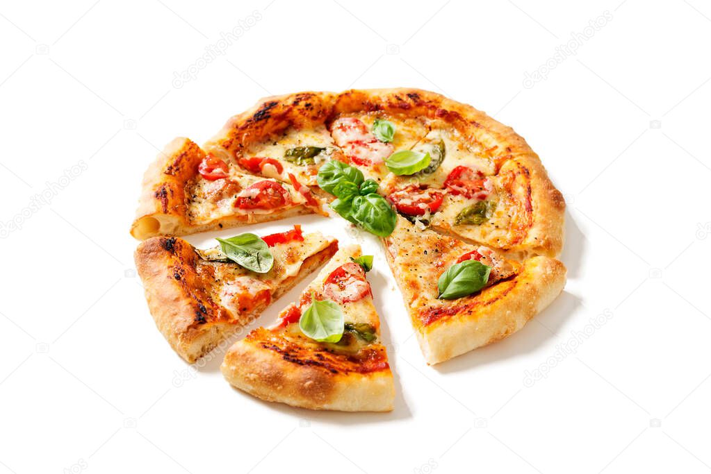 Fresh Homemade Italian Pizza Margherita with mozzarella cheese,cherry tomatoes and fresh  basil leaves. isolated on white background