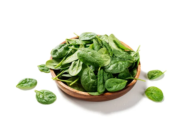 Fresh Spinach Leaves Wooden Plate Healthy Vegan Food Isolated White — Stock Photo, Image