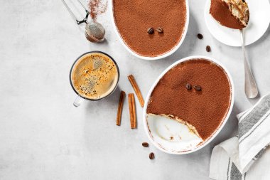 Klasik İtalyan Tatlısı Tiramisu üstü seramik bir tabakta kakao ile kaplanmış. Açık gri arkaplan. en üstteki görünüm