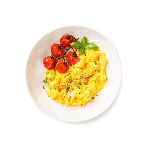 Creamy Scrambled Eggs Healthy Breakfast Served Baked Cherry Tomatoes Fresh — Stock Photo, Image