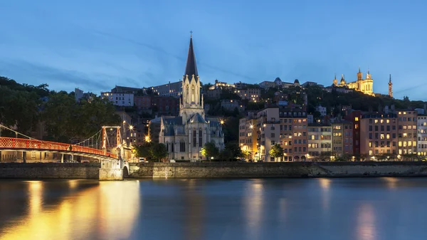 Panoramic blue hour view of Lyon with Saone river — Stock Photo, Image